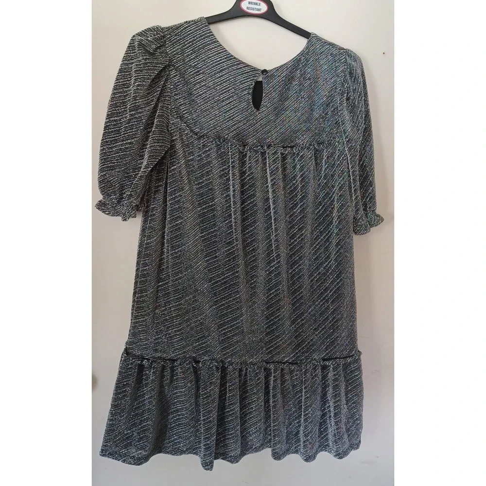 Wonder Nation Dress Girls XXL 18 Metallic Black Silver Puff Sleeve Party Glam‎